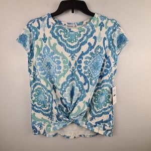 89th + Madison Women Blue Ikat Damask Twist Front Linen Blend Top Small NWT